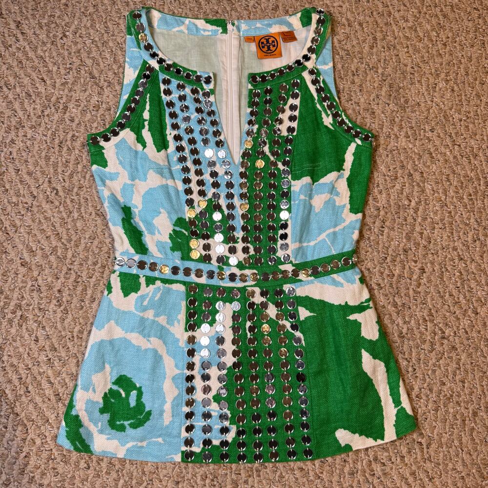 Tory Burch Elsa Mirror Embellished Green Blue Linen Floral Abstract Vacation Top